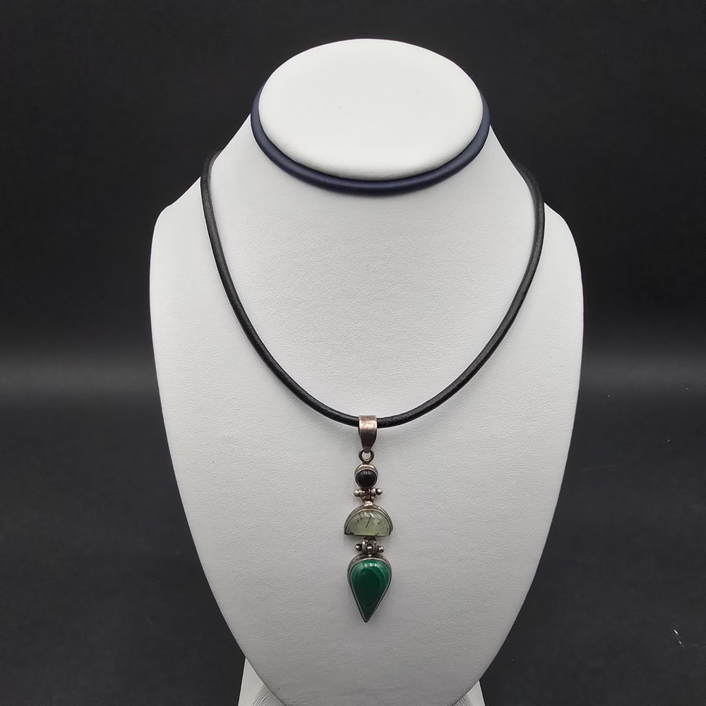 Sterling Silver 925 Malachite Prehnite Onyx Pendant Leather Cord Choker Necklace